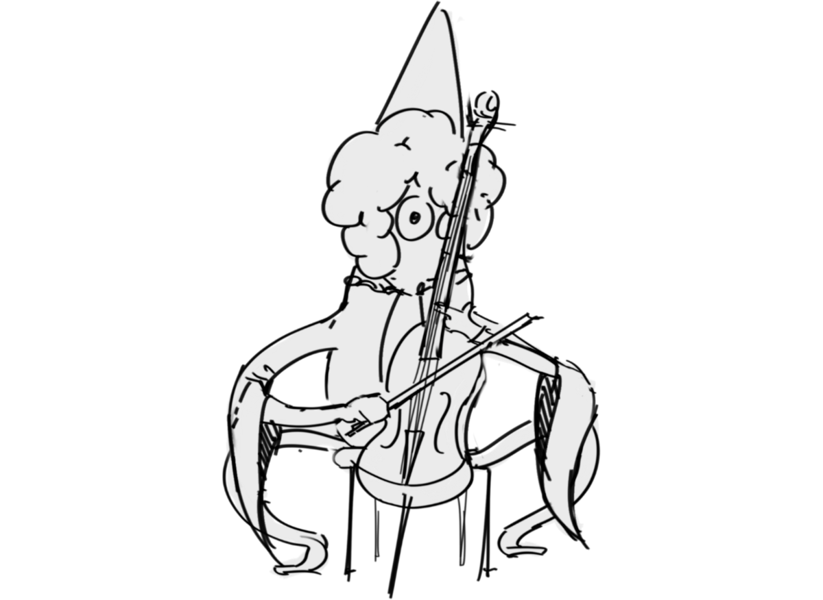 Winged mascot carrying a lyre